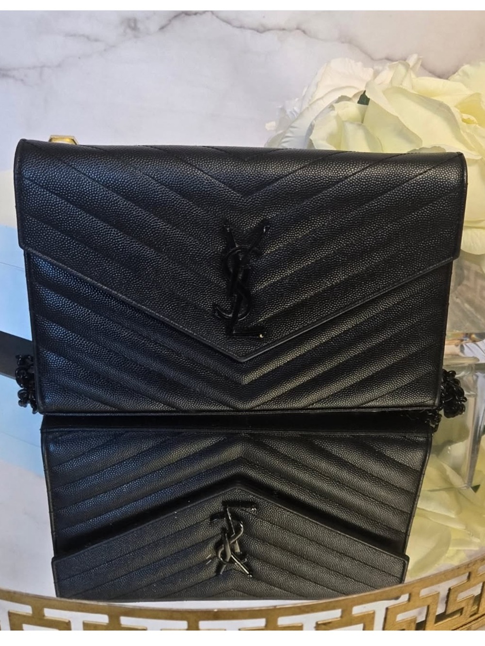 Saint Laurent Black Chevron Quilted Monogram Crossbody Bag Wallet On Chain